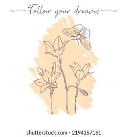 Sigue tu lema de sueños con un dibujo de contorno de flores de timbre y mariposa , impresión de color pastel, ilustración dibujada a mano