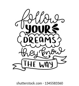 Follow your dreams they know the way. Modern handlettering. Hand drawn typography phrase design.