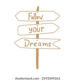 Follow your dreams travel quote isolated on white background. Traveling concept, wooden road mark. Doodle hand drawn print.