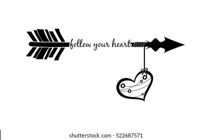 Follow your heart with arrow silhouette and decorated heart isolated over white background. Tattoo style. Arrow, heart, quotation clipart