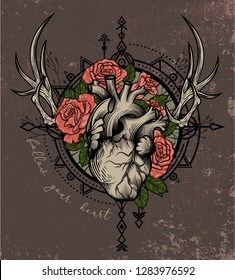 "Follow your heart" quote poster. Human heart in engraving technique with blooming roses, stag horns, wind rose on grunge background. Tattoo, tee shirt print design. Vector illustration.