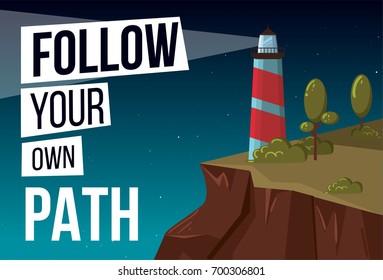 follow your own path vector banner with lighthouse. Design element for poster, flyer, brochure etc