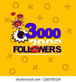 Follower banner comic text pop art design. Pop art comic text background. Web social media post like.Social network blogger chat template. Kiss lips love sign.