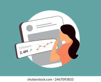 Follower Growth Rate - influencer marketing statistics. SMM insights ROI graphs, social media analytics with influencer data charts. Social media follower growth isolated vector illustration