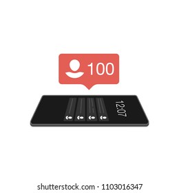 Follower icon notification in the bubble over mobile phone. Social media concept. Flat line vector illustration, mobile design.