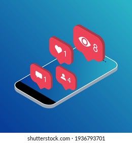 Follower isometric phone notification symbol for application. App button for social media. Vector illustration icon .