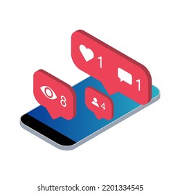 Follower isometric phone notification symbol for application . App button for social media. Vector illustration icon .