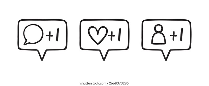 notificación de seguidores para los signos de la red de redes sociales. Icono de comentario, como, seguidor doodle dibujado a mano icono. Símbolo de Clipart de línea de dibujo de esquema. Ilustración vectorial