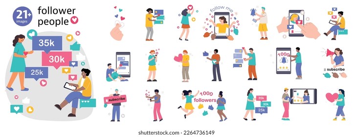 Follower people set of isolated compositions with flat social network icons with gadgets and human characters vector illustration