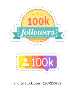 Follower and rainbow ribbon with profile of internet web user vector. Patches of rounded shape, chatting box form and icon. Social network buttons