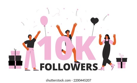 Followers 10K anniversary vector banner. Subscribers celebrate, happy teens party with confetti and gifts. Social media festive post for subscriber, prize drawing and presents