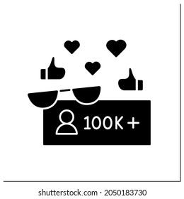 Followers glyph icon. Macro influencer. Blogger with one hundred thousand plus subscribers. High influence on people. Popular person. Blogging.Filled flat sign. Isolated silhouette vector illustration