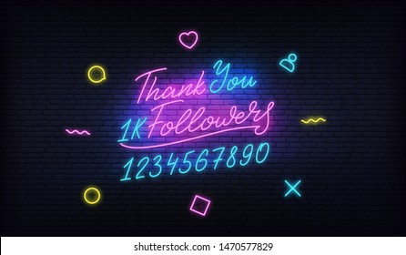 Followers Thank You neon.Social media template followers milestone. Congratulation card with numbers.