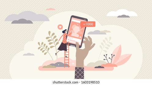 Followers vector illustration. Social media crowd in flat tiny persons concept. Influencer post in online technology website. Subscribers communication with audience network. Self marketing blog app.