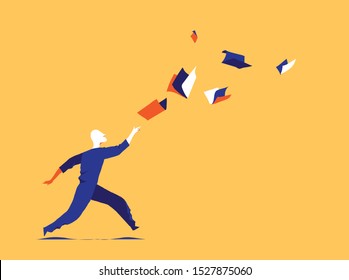 Following cultural information flow. Learning aspiration concept. A man is running after books, documents flying in the air before him. Vector illustration