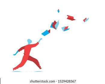 Following culture, information flow. Learning aspiration concept. A man is chasing books flying in the air before him. Vector illustration isolated on white background