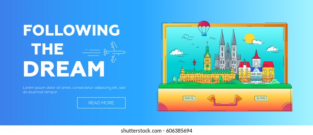 Following the Dream - modern vector line travel web page header illustration. Discover Netherlands and Germany. World famous landmarks in a suitcase - cathedrals, palaces and museums