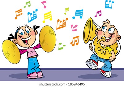 The following illustration shows cartoon boy and girl who play musical instruments. Illustration done on separate layers.