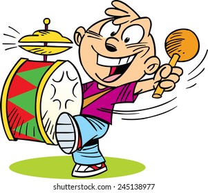 The following illustration shows cartoon boy  who play on drum. 