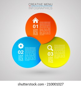 Following Infographic, Three Colored Circles Intersect, Info Step Tag, Vector Illustration.