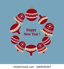 The following picture shows Christmas decorations in red with patterns in white. Christmas toys form a wreath. In the center is the inscription " Happy New Year!". All this on a blue background.