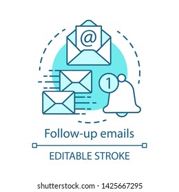 Follow-up emails blue concept icon. Attracting clients idea thin line illustration. Email marketing. Mass mailing.  Product ads. Post-purchase emails. Vector isolated outline drawing. Editable stroke