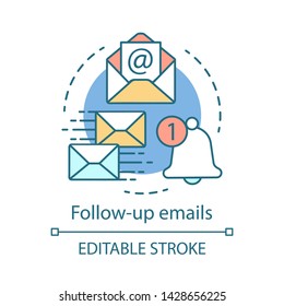 Follow-up emails concept icon. Attracting clients idea thin line illustration. Email marketing. Mass mailing.  Product ads. Post-purchase emails. Vector isolated outline drawing. Editable stroke