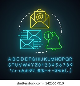 Follow-up emails neon light icon. Attracting clients.  Email marketing, advertising. Post-purchase emails. Mass mailing. Glowing sign with alphabet, numbers and symbols. Vector isolated illustration