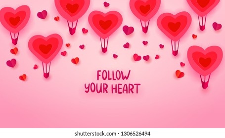 Folow your Heart hand written typography with paper art cut out red heart doodle shapes balloon flying and hearts decorations on pink background. Vector illustration. Love symbols banner