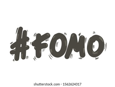 FOMO abbreviation text emblem isolated on white background. Modern social anxiety acronym with hashtag sign. Fear of missing out concept. Ink brush lettering. Internet slang. Vector illustration