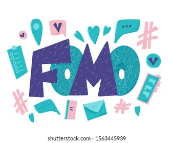FOMO abbreviation text emblem isolated on white background. Modern social anxiety acronym. Fear of missing out concept. Vector illustration