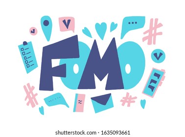 FOMO abbreviation text emblem isolated on white background. Modern social anxiety acronym. Fear of missing out concept. Internet slang lettering. Psychological issues. Vector illustration