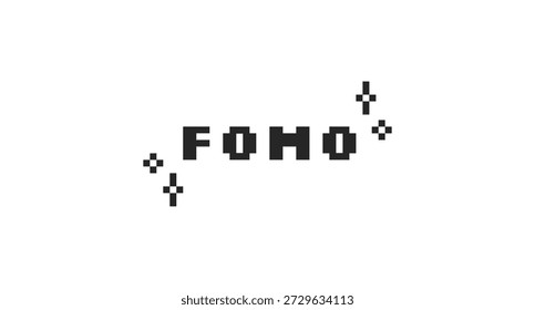 FOMO acrónimo black pixel art palabra de argot de redes sociales. Miedo a perder la jerga. Sentimiento de ansiedad. Término psicológico. Texto de videojuego de 16 bits. Tipografía nostálgica de internet. Fuente de serigrafía utilizada