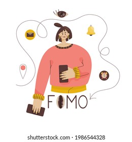 Fomo concept. Girl holds the phone in both hands, he is afraid miss important information. Attachment to social media and temporary content
