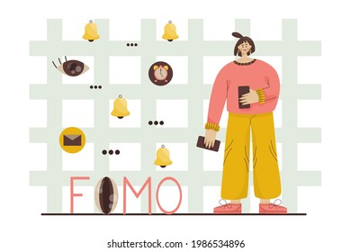 Fomo concept lettering. Girl phone both hands afraid miss important information. Girl stands background of the grid next flying alarm clock, message, call. Embedding social networks temporary content