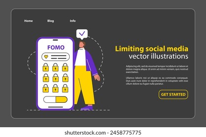 FOMO concept. A person stands next to a phone displaying locked icons, symbolizing overcoming social media anxiety. Self-help, digital detox. Vector illustration.