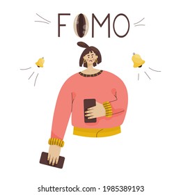 Fomo concept. Word fomo eyes bell on it. with the phone in both hands, he is afraid of missing important information. Attachment to social networks and temporary content