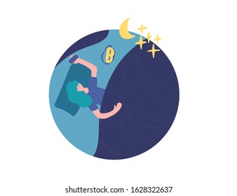 Fomo concept. Young woman laying in the bed and can't sleep. Girl waking up after nightmare and feeling social media anxiety. Problem with night sleep. Insomnia scene. Vector illustration.