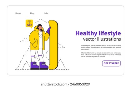 FOMO Defeat concept. Illustration showing a person switching off a Wi-Fi signal, symbolizing disconnecting from social media. Taking control of digital indulgence for well-being. Vector illustration.