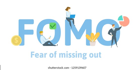 FOMO fear of missing out. Concept with keywords, letters, and icons. Colored flat vector illustration. Isolated on white background.