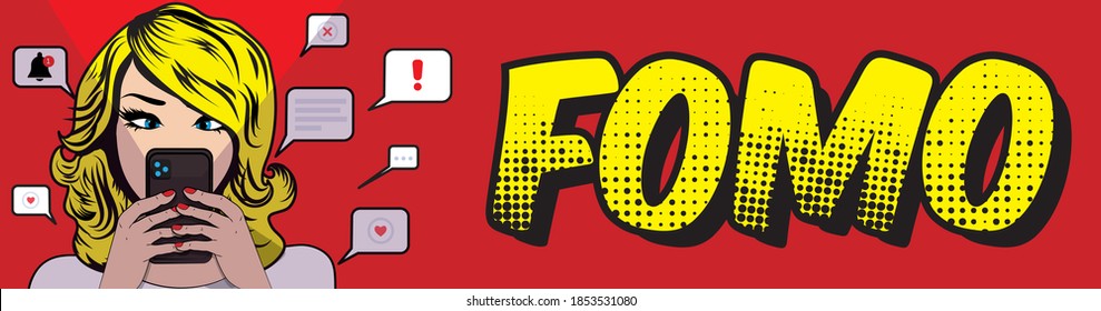 FOMO, fear of missing out concept. Pop art woman with cell phone. Speech Bubble Vector illustration.