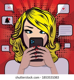 FOMO, fear of missing out concept. Pop art woman with cell phone. Speech Bubble Vector illustration.