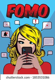 FOMO, fear of missing out concept. Pop art woman with cell phone. Speech Bubble Vector illustration.