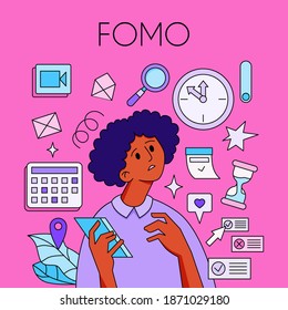 FOMO - Fear Of Missing Out concept. Young woman is holding phone, surrounded with social media symbols and alerts -geotags, hearts. The girl is surprised, in shock, confused. Vector