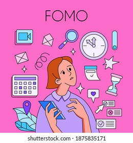 FOMO, fear of missing out concept. Woman with phone surrounded by social media icons. Trendy style. Vector illustration.