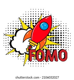 FOMO - Angst vor dem Verfehlen des Konzepts. FOMO im Comic Pop Art Stil.  Comic Buch Explosion mit Text FOMO. Vektorhelle Cartoon-Illustration im Retro-Pop-Art-Stil.