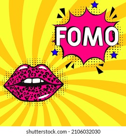 FOMO - fear of missing out concept. FOMO in comic pop art style.  Comic book explosion with text FOMO. Vector bright cartoon illustration in retro pop art style.