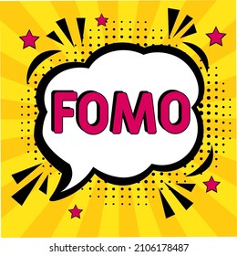 FOMO - Angst vor dem Verfehlen des Konzepts. FOMO im Comic Pop Art Stil.  Comic Buch Explosion mit Text FOMO. Vektorhelle Cartoon-Illustration im Retro-Pop-Art-Stil.