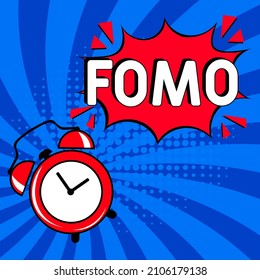 FOMO - Angst vor dem Verfehlen des Konzepts. FOMO im Comic Pop Art Stil.  Comic Buch Explosion mit Text FOMO. Vektorhelle Cartoon-Illustration im Retro-Pop-Art-Stil.