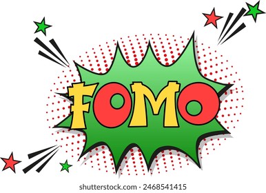 FOMO - Angst, das Konzept zu verpassen. FOMO im Comic-Pop-Art-Stil. Comic-Explosion mit Text FOMO. Vektorgrafik helle Cartoon-Illustration im Retro-Pop-Art-Stil.